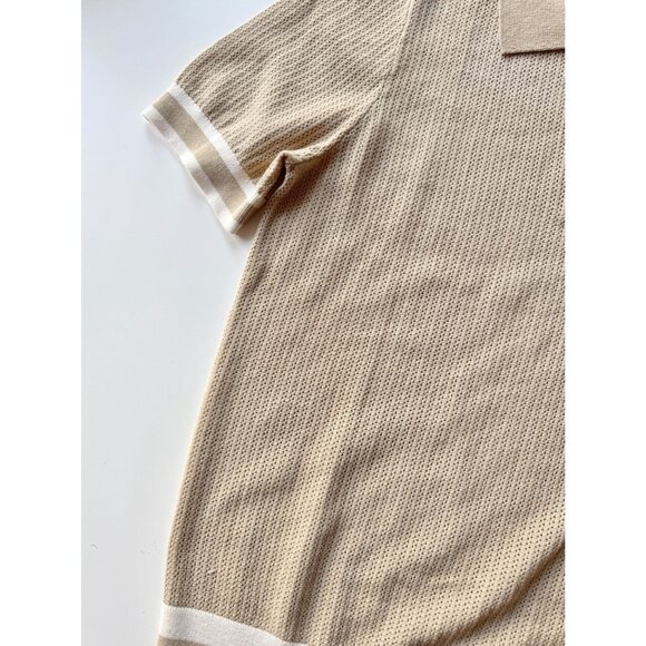 REISS x CHÉ Quinn Tan 100% Cotton Pointelle Knit Short Sleeve Polo Shirt, Size S - Picture 9 of 16